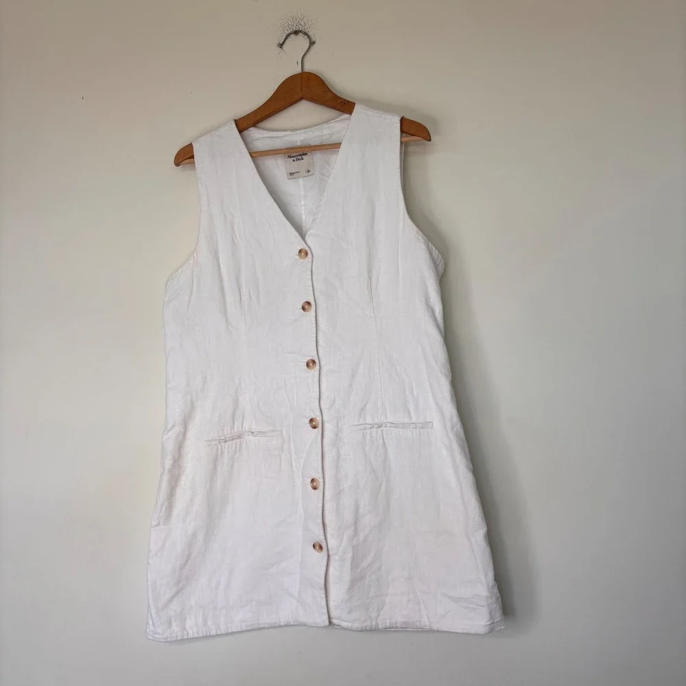 Abercrombie Linen Blend Mara Vest Mini Dress V Neck Button Front White Large